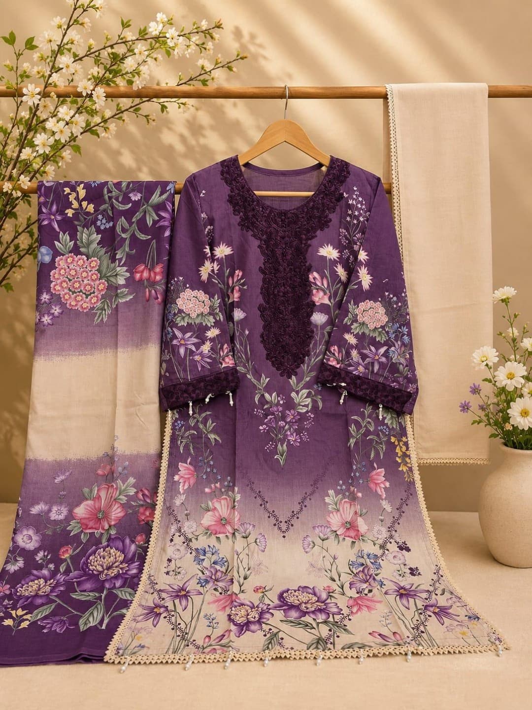 Zvezda Boutique – Purple floral print salwar suit with a lace neckline and cream dupatta, photographed on a wooden hanger