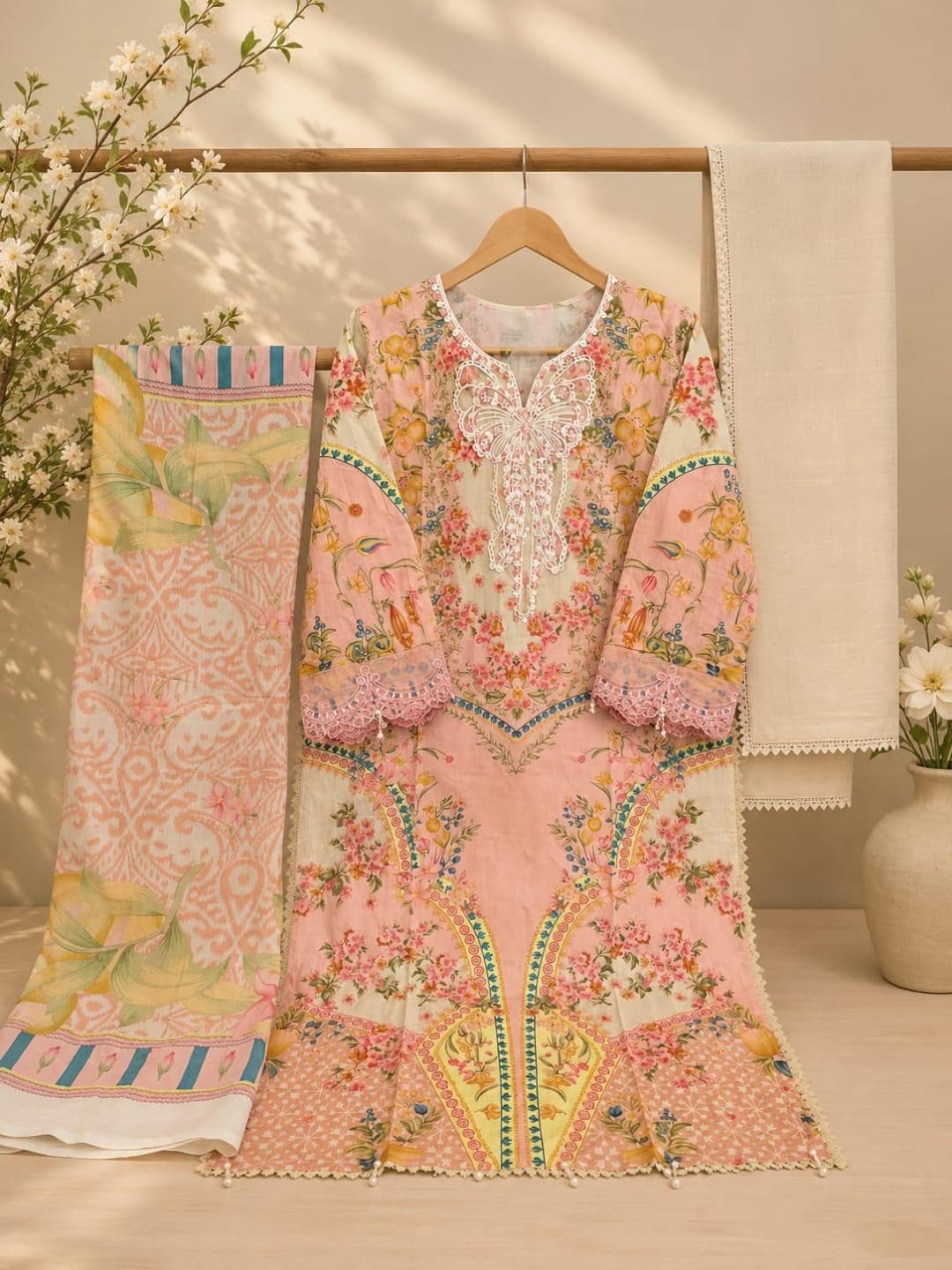 Zvezda Boutique – Pink floral salwar suit with butterfly lace neckline and scalloped cuffs, photographed on a wooden hanger